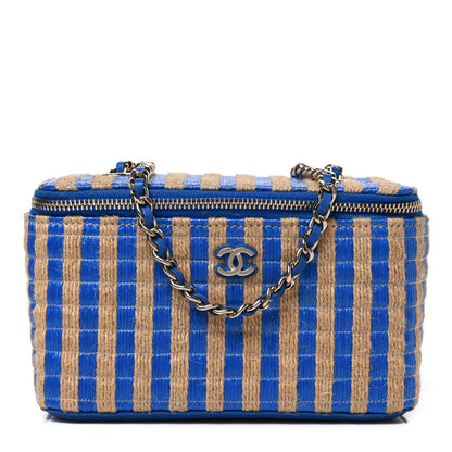 Chanel Raffia Jute Striped Small Vanity Case With Chain Blue Beige 1 of 8