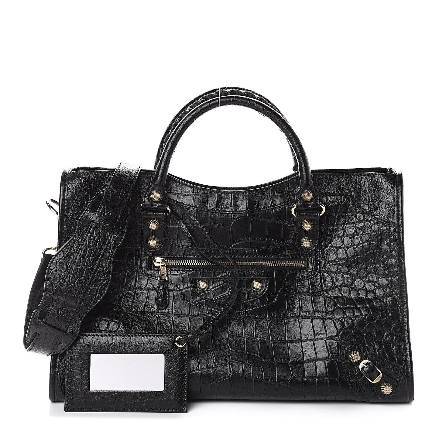 Calfskin Crocodile Embossed Giant 12 Gold Hardware City Black