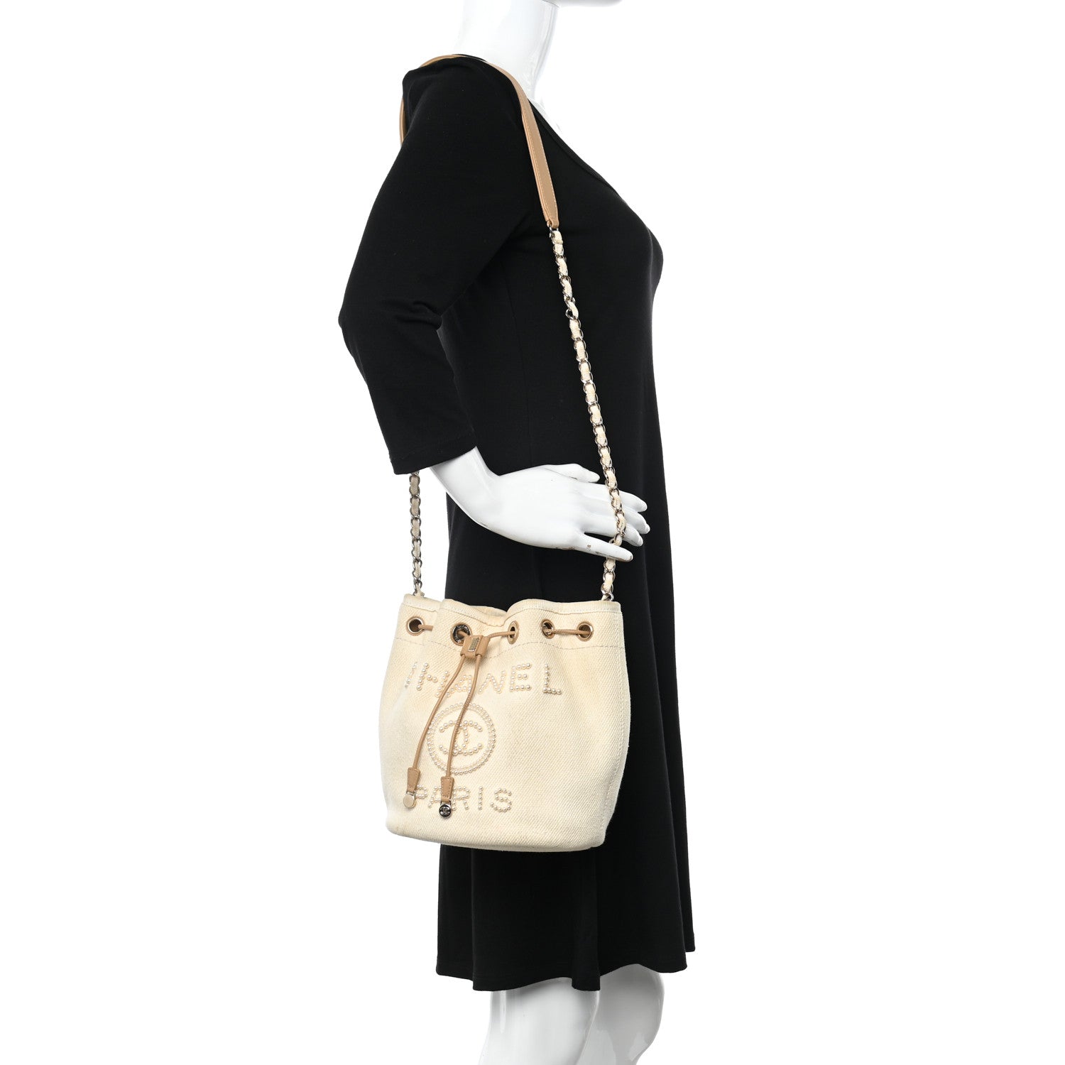 Chanel Canvas Pearl Deauville Drawstring Bucket Bag Ecru Beige 2 of 12