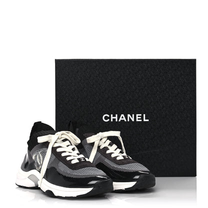 Chanel Fabric Suede Calfskin Stretch CC Sneakers 38 Black Grey 9 of 9