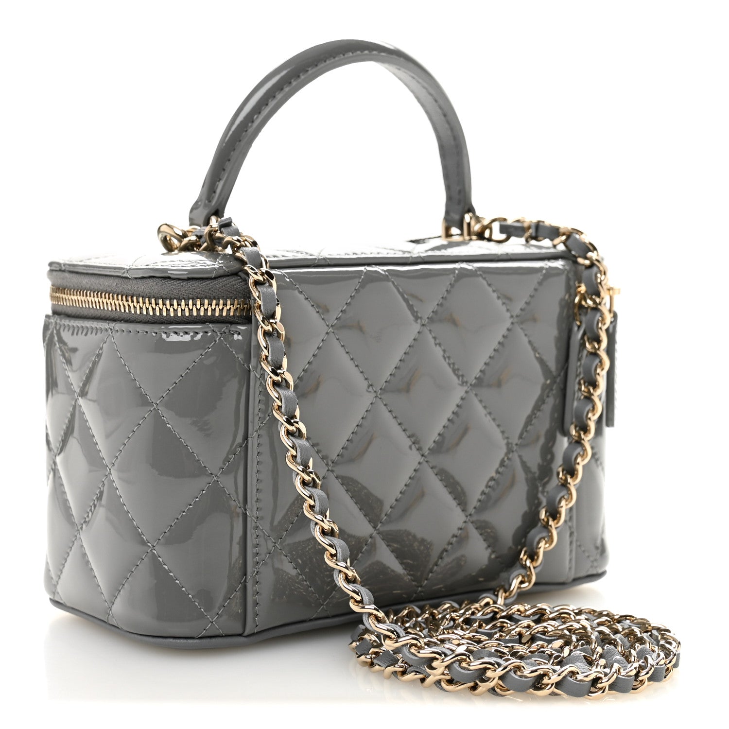 Chanel Patent Quilted Quilted Small Top Handle Vanity Case With Chain Grey 3 of 11