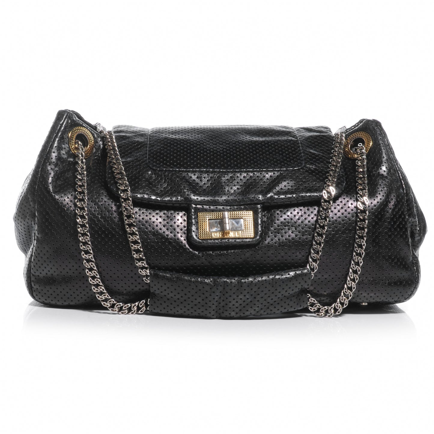 Metallic Calfskin Perforated Large Drill Accordion Flap Black