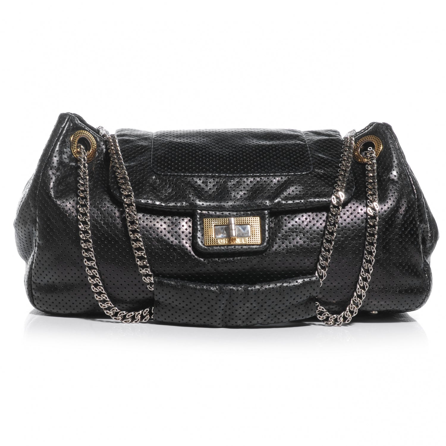 Chanel Metallic Calfskin Perforated Large Drill Accordion Flap Black 1 of 7