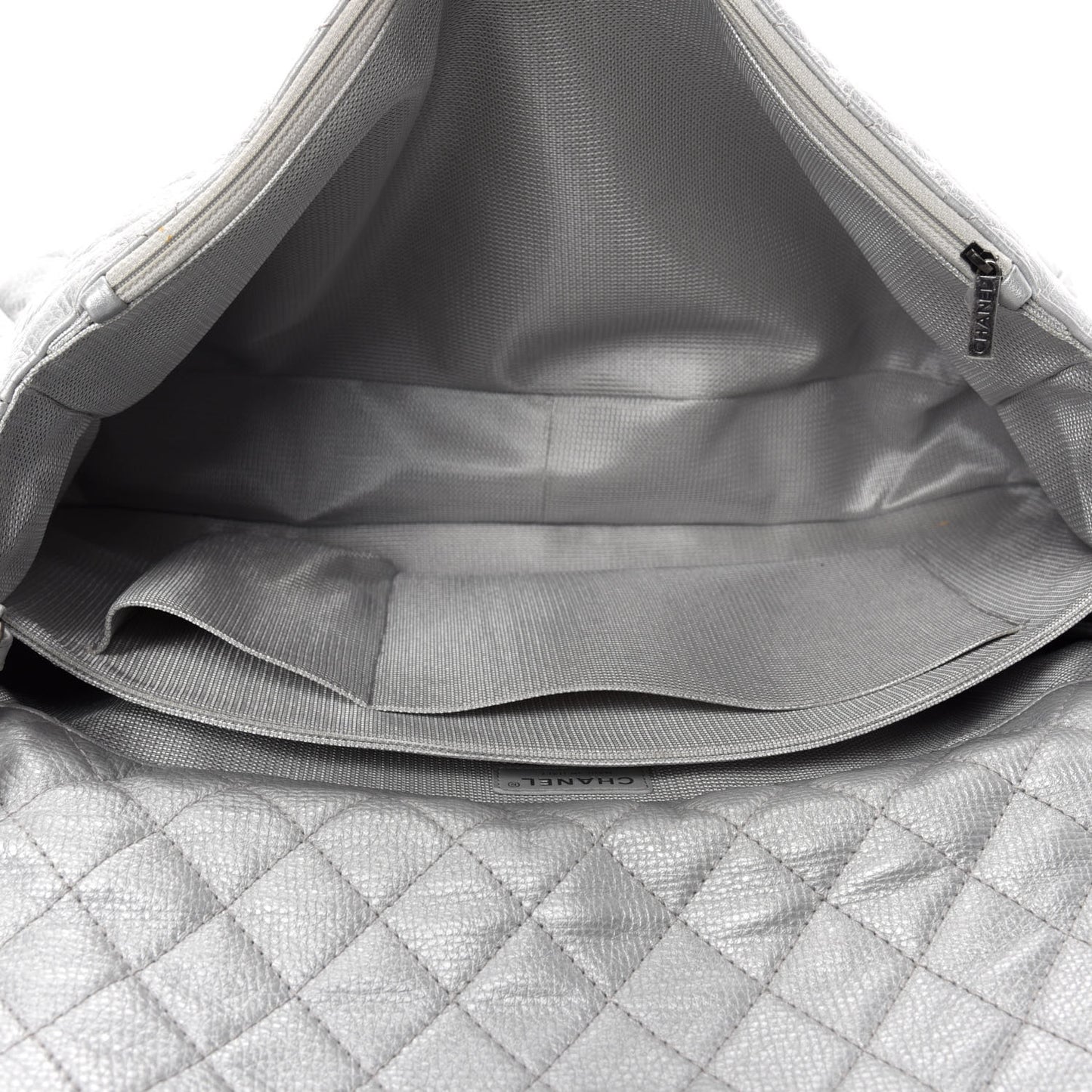 Metallic Calfskin Quilted XXL Travel Flap Bag Silver