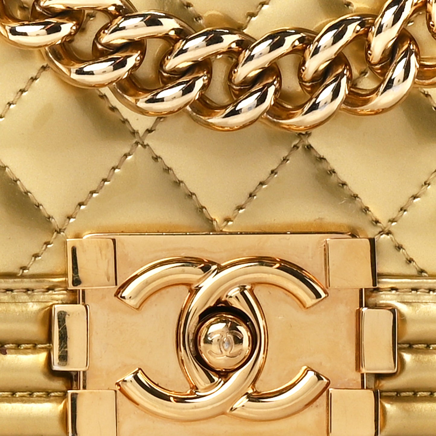 Metallic Patent Calfskin Quilted Small Boy Flap Gold