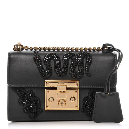 Gucci Calfskin Crystal Snake Embroidered Small Padlock Shoulder Bag Black 1 of 12
