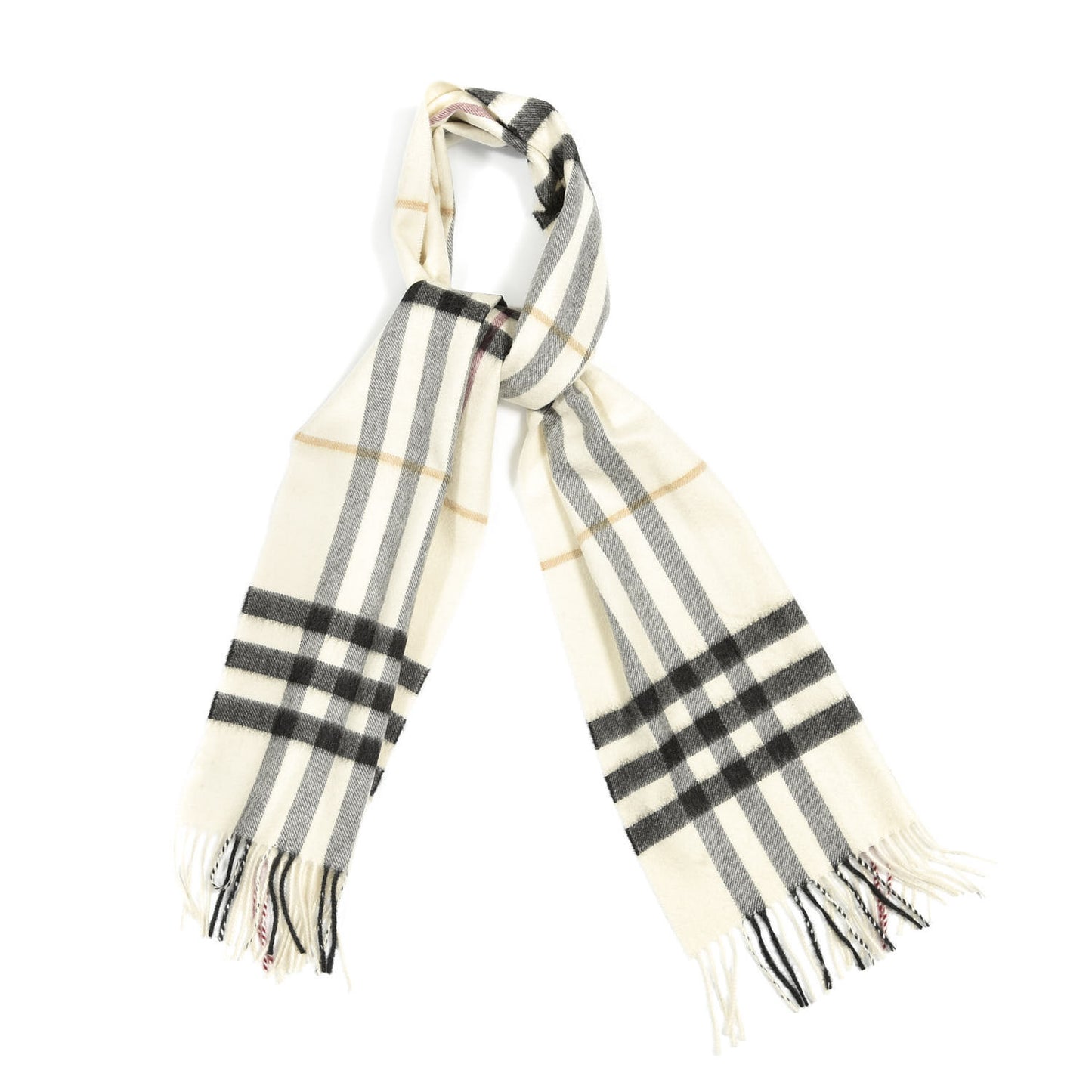 Cashmere Giant Check Fringe Scarf Natural White