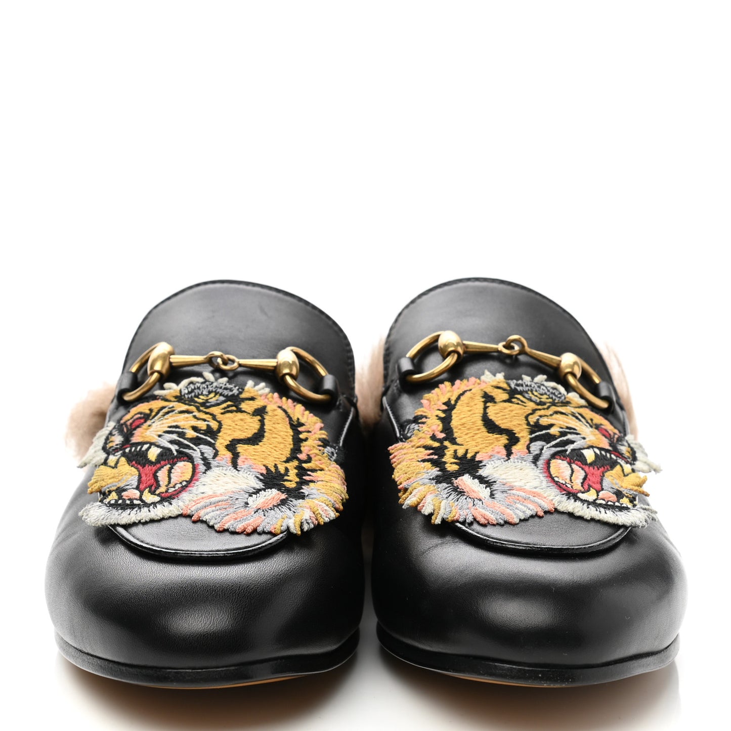 Calfskin Fur Tiger Embroidered Womens Princetown Slippers 37.5 Black