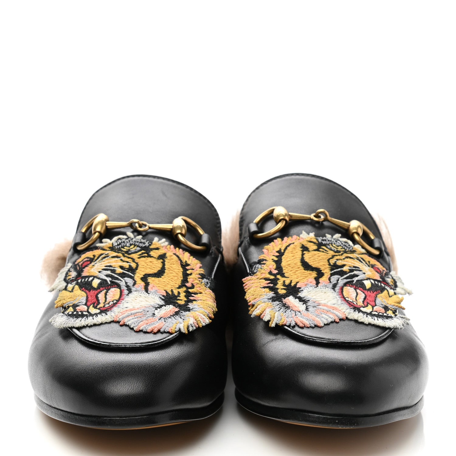 Gucci Calfskin Fur Tiger Embroidered Womens Princetown Slippers 37.5 Black 2 of 8