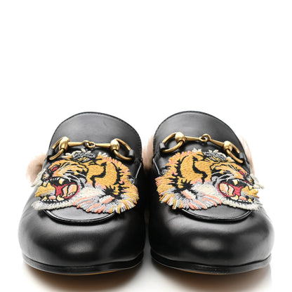 Gucci Calfskin Fur Tiger Embroidered Womens Princetown Slippers 37.5 Black 2 of 8