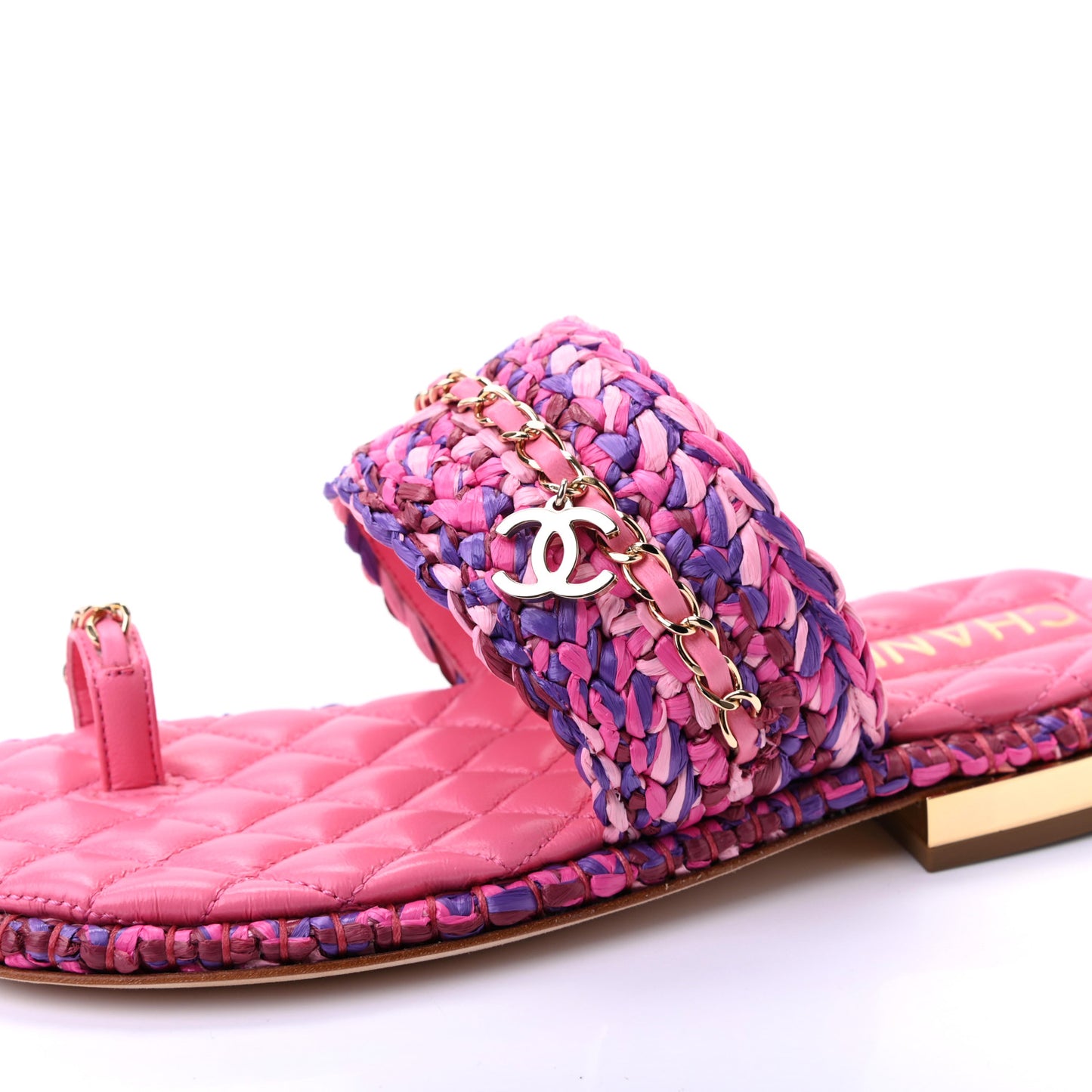 Raffia Lambskin Woven Chain CC Toe Ring Sandals 36.5 Pink Fuchsia Purple