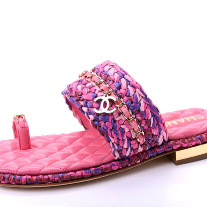 Chanel Raffia Lambskin Woven Chain CC Toe Ring Sandals 36.5 Pink Fuchsia Purple 8 of 9