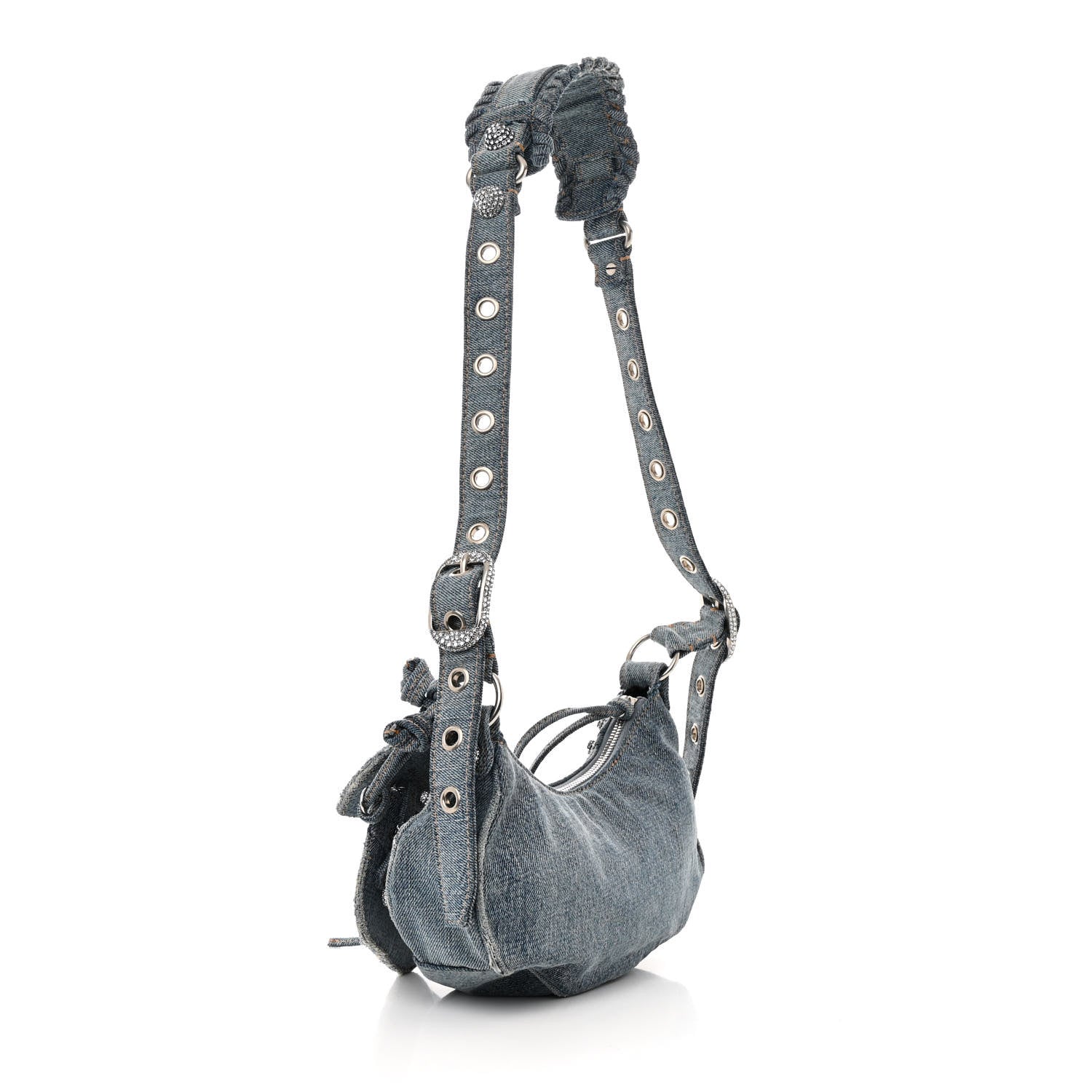 Balenciaga Washed Frayed Denim Crystal Le Cagole Shoulder Bag XS Blue 4 of 11