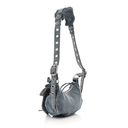 Balenciaga Washed Frayed Denim Crystal Le Cagole Shoulder Bag XS Blue 4 of 11