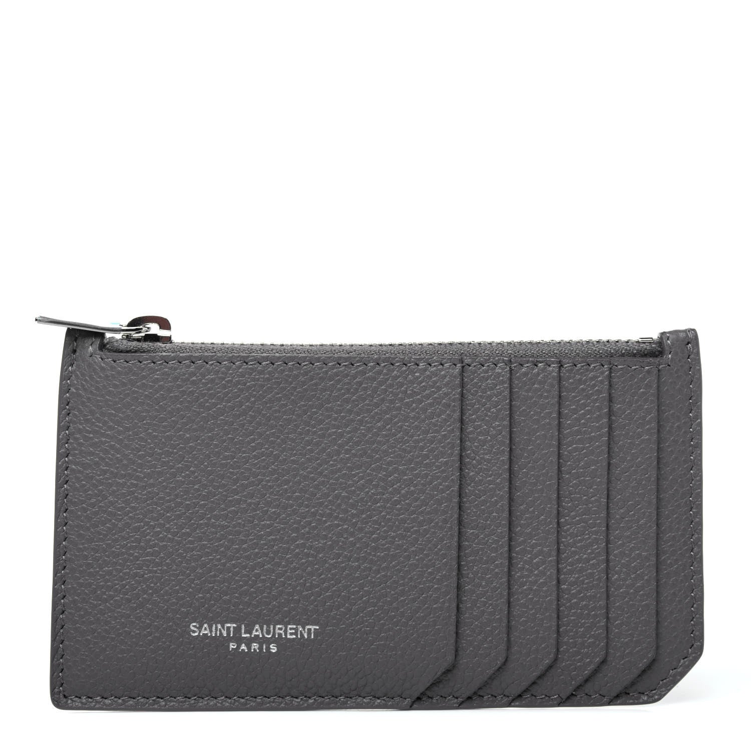 Saint Laurent Grained Calfskin 5 Fragments Zip Pouch Card Holder Fog 1 of 11