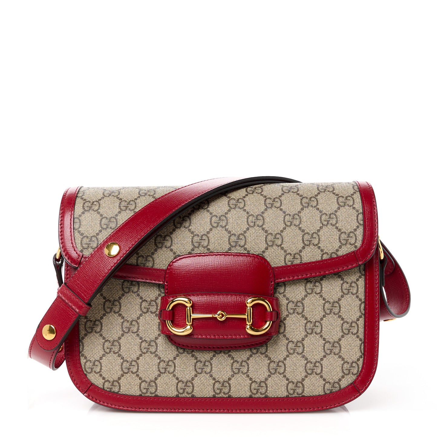 GG Supreme Monogram Azalea Calfskin Horsebit 1955 Shoulder Bag Beige Ebony New Cherry Red