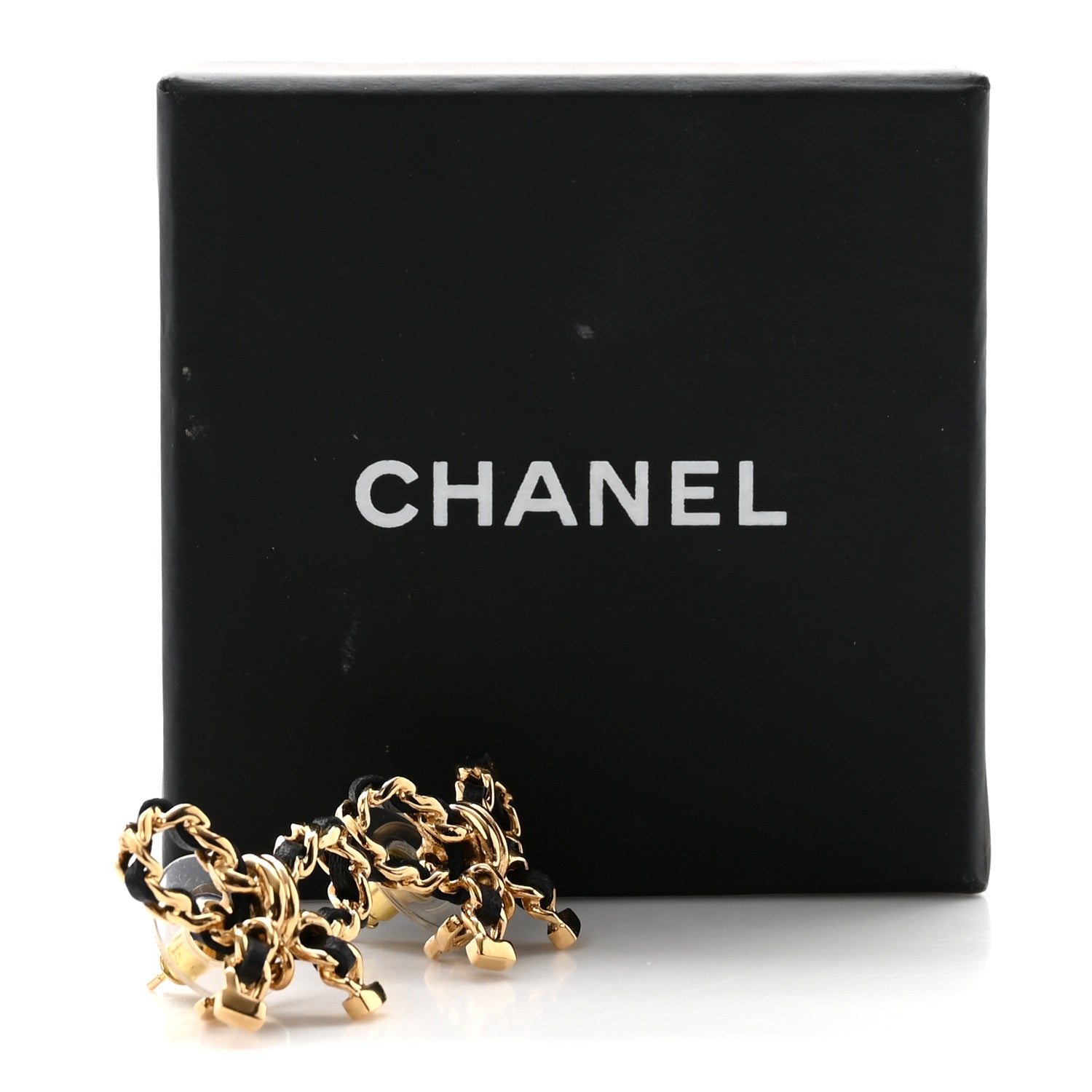 Chanel Lambskin Chain Bow Stud Earrings Black Gold 6 of 6