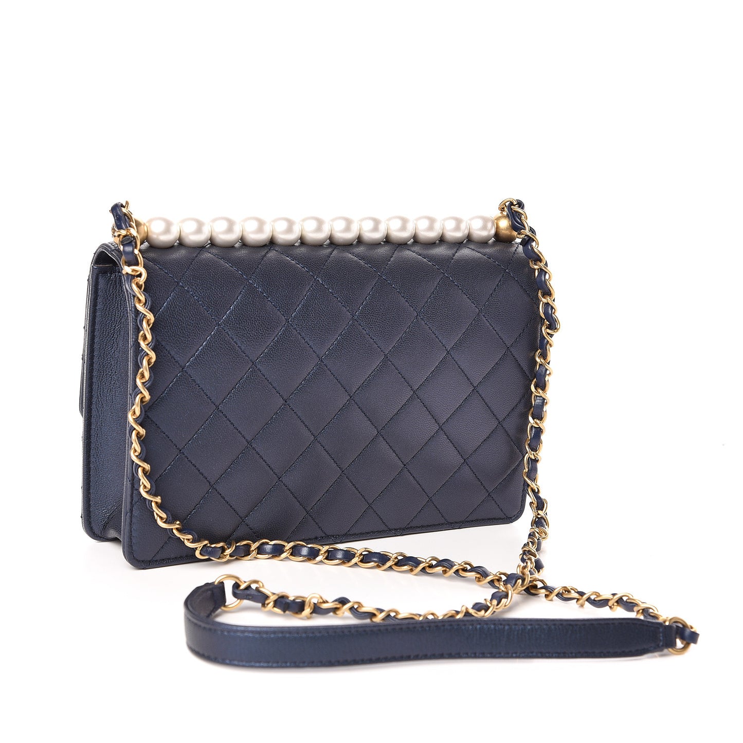 Iridescent Lambskin Quilted Small Chic Pearls Flap Blue