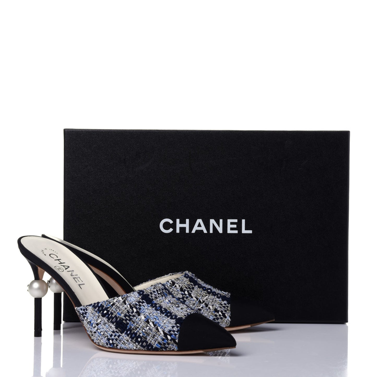 Tweed Grosgrain Pearl Mules 39 Navy White Black
