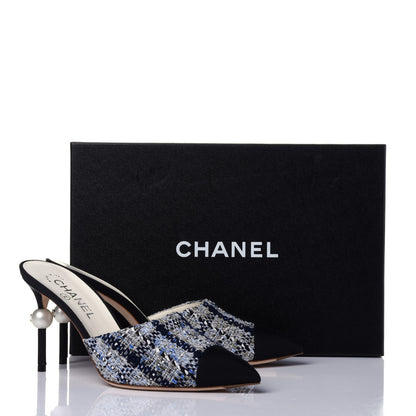 Chanel Tweed Grosgrain Pearl Mules 39 Navy White Black 13 of 13