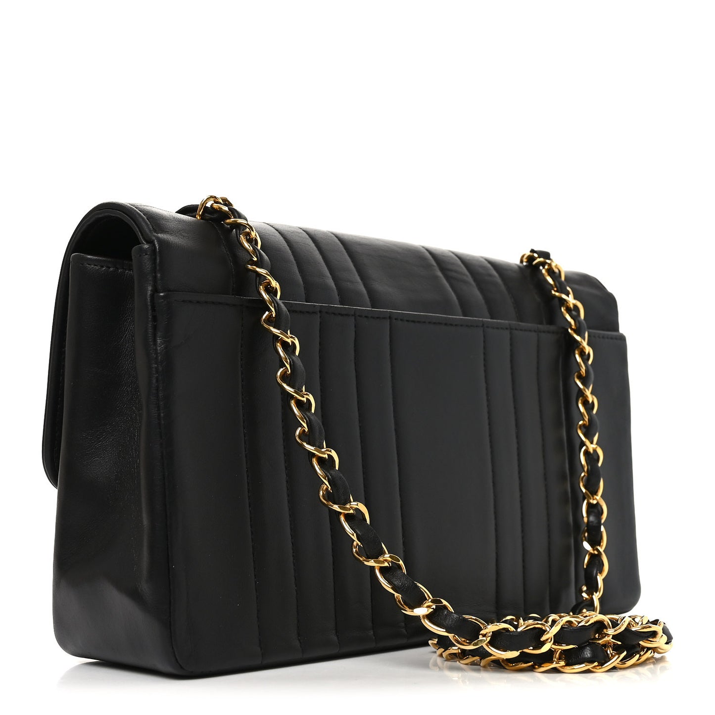 Lambskin Vertical Quilted Medium Single Flap Black