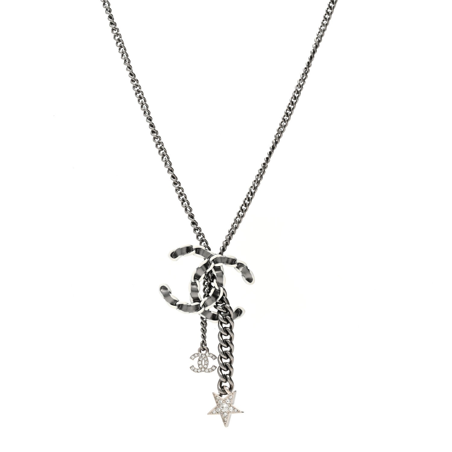 Chanel Crystal Lambskin Resin Chain CC Necklace Silver White Black 1 of 6