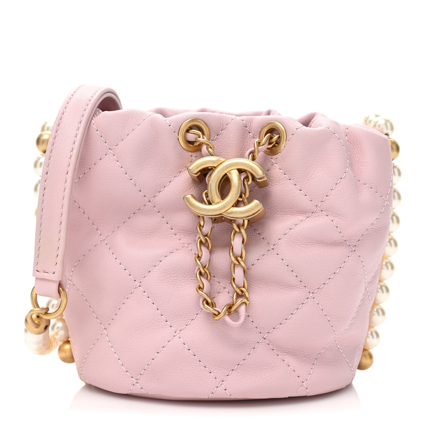 Calfskin Quilted Pearl Mini About Pearls Drawstring Bucket Light Pink