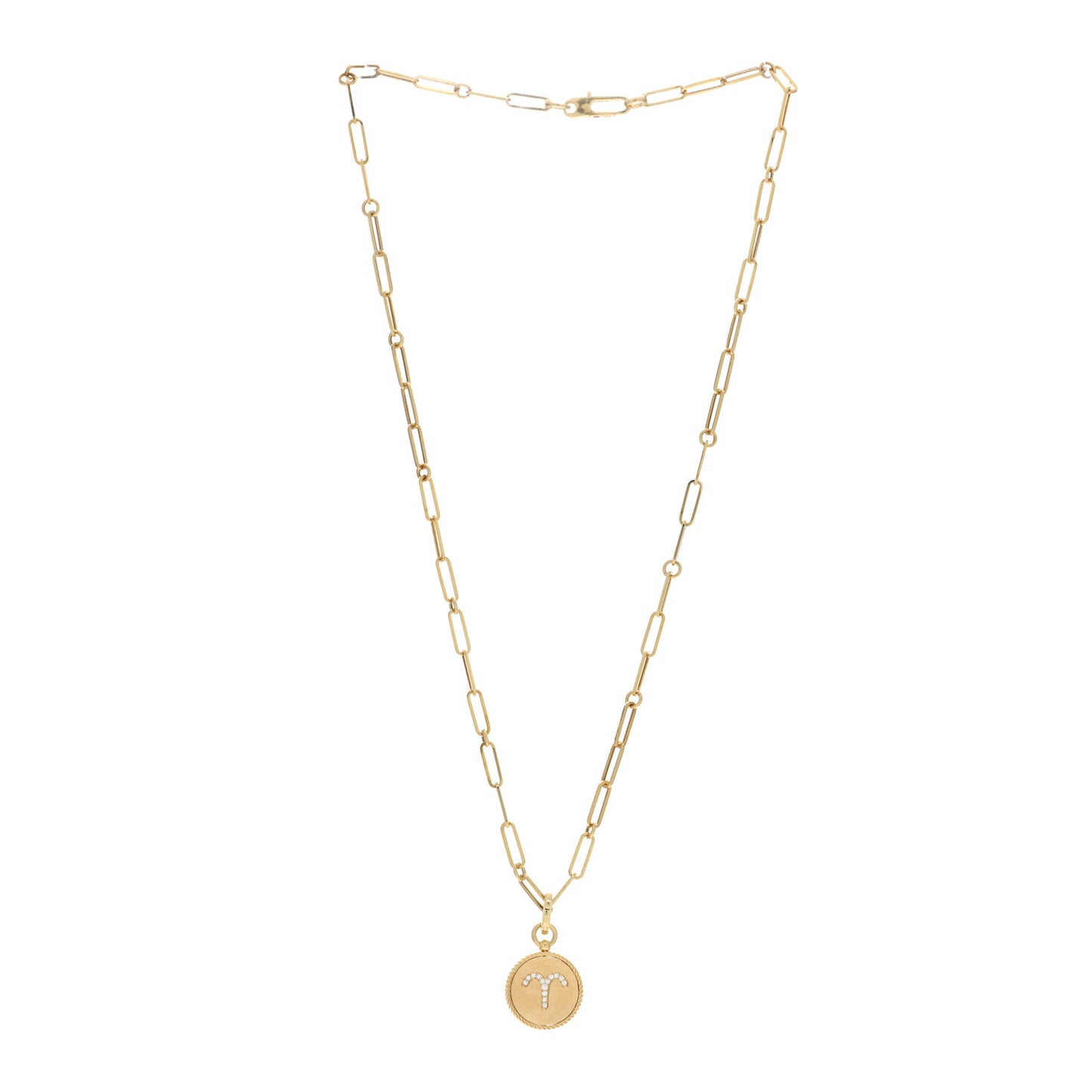 18K Yellow Gold Diamond Zodiac Aries Medallion Pendant Necklace