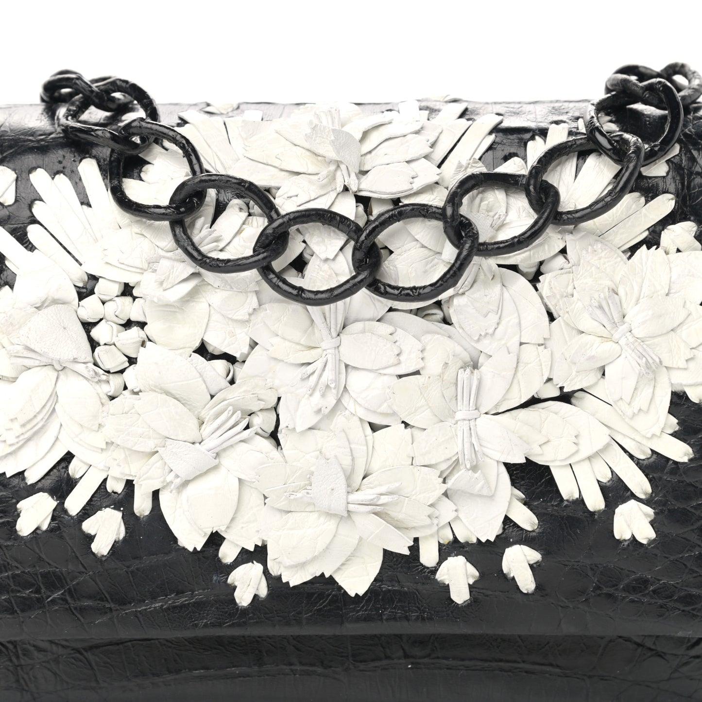 Crocodile Floral Applique Chain Shoulder Bag Black White