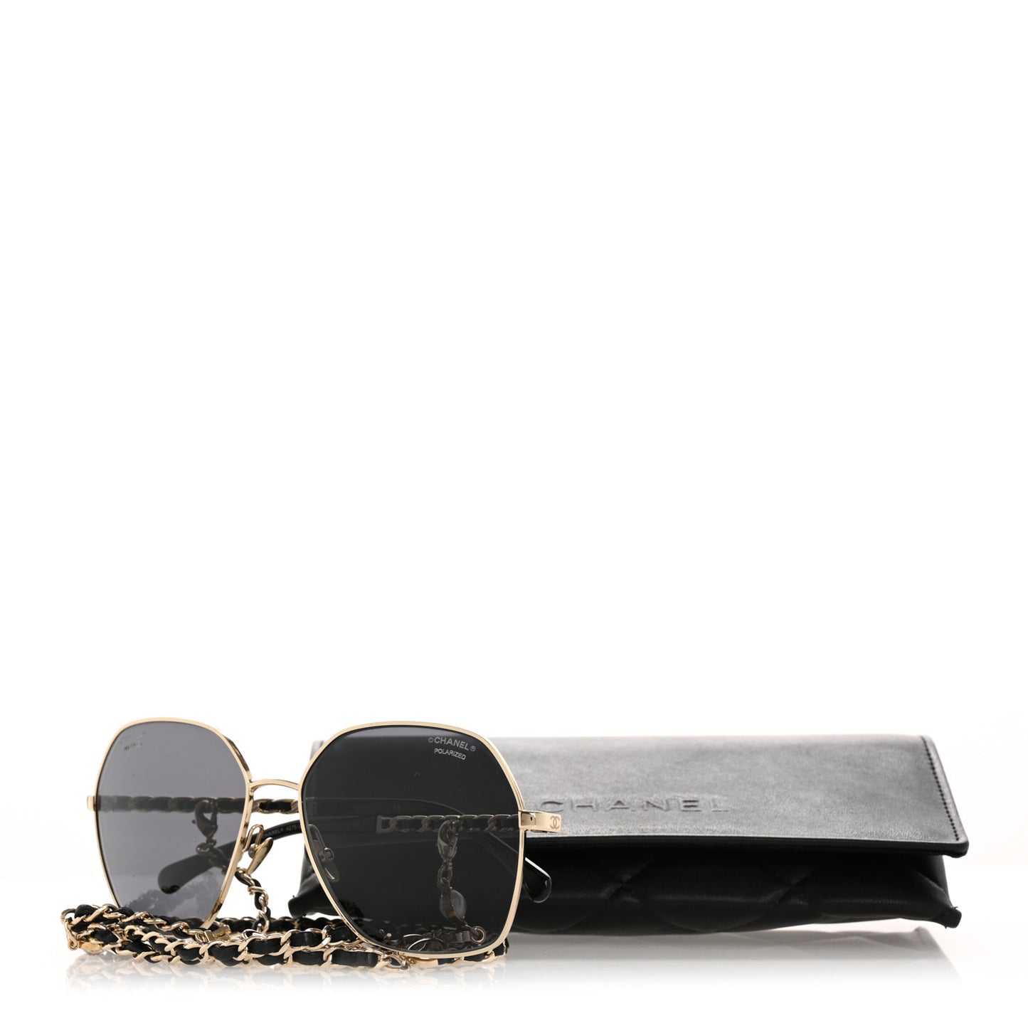 Metal Polarized Square Frame Chain Sunglasses 4274-Q Gold Black