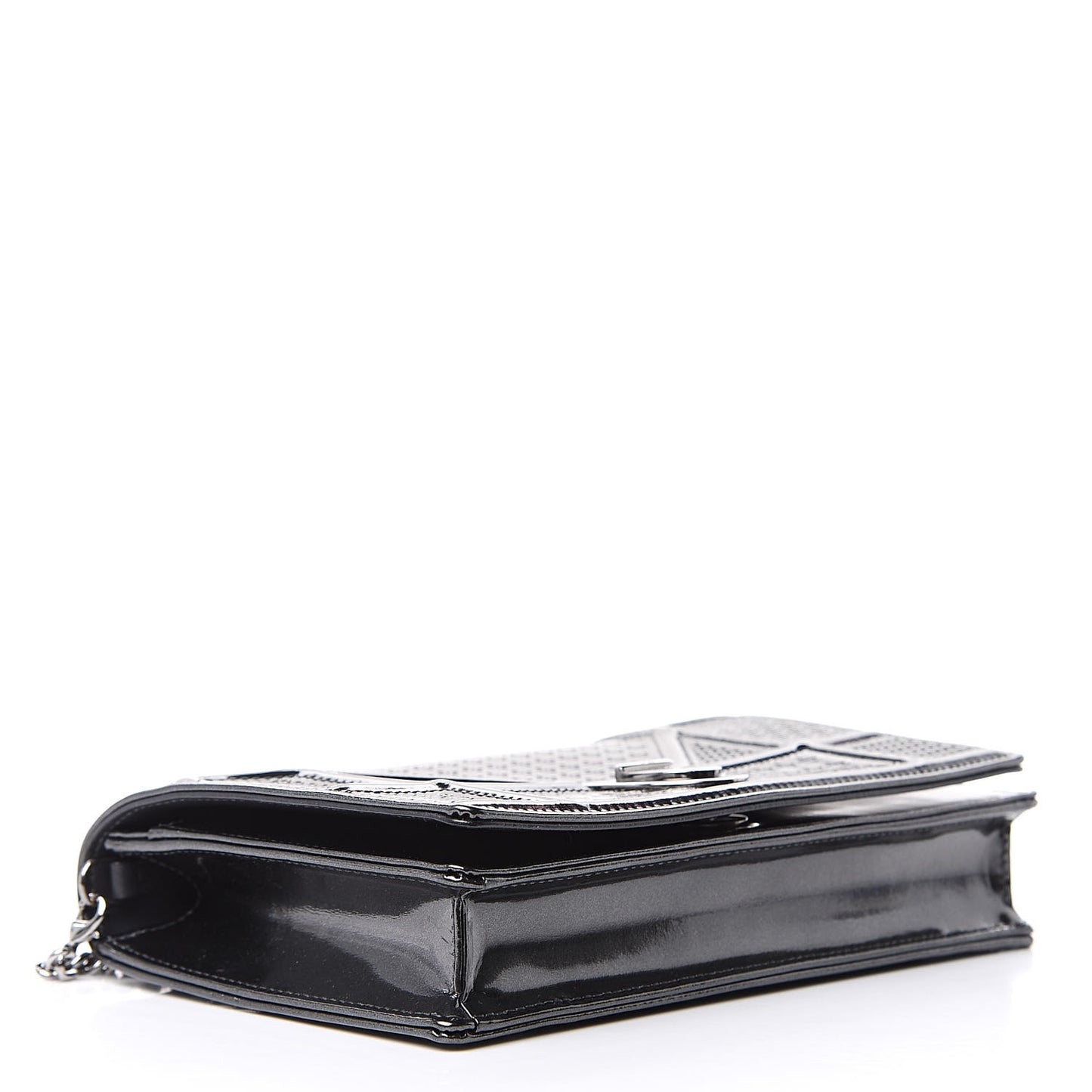 Metallic Patent Micro-Cannage Diorama Wallet on Chain Pouch Onyx Black