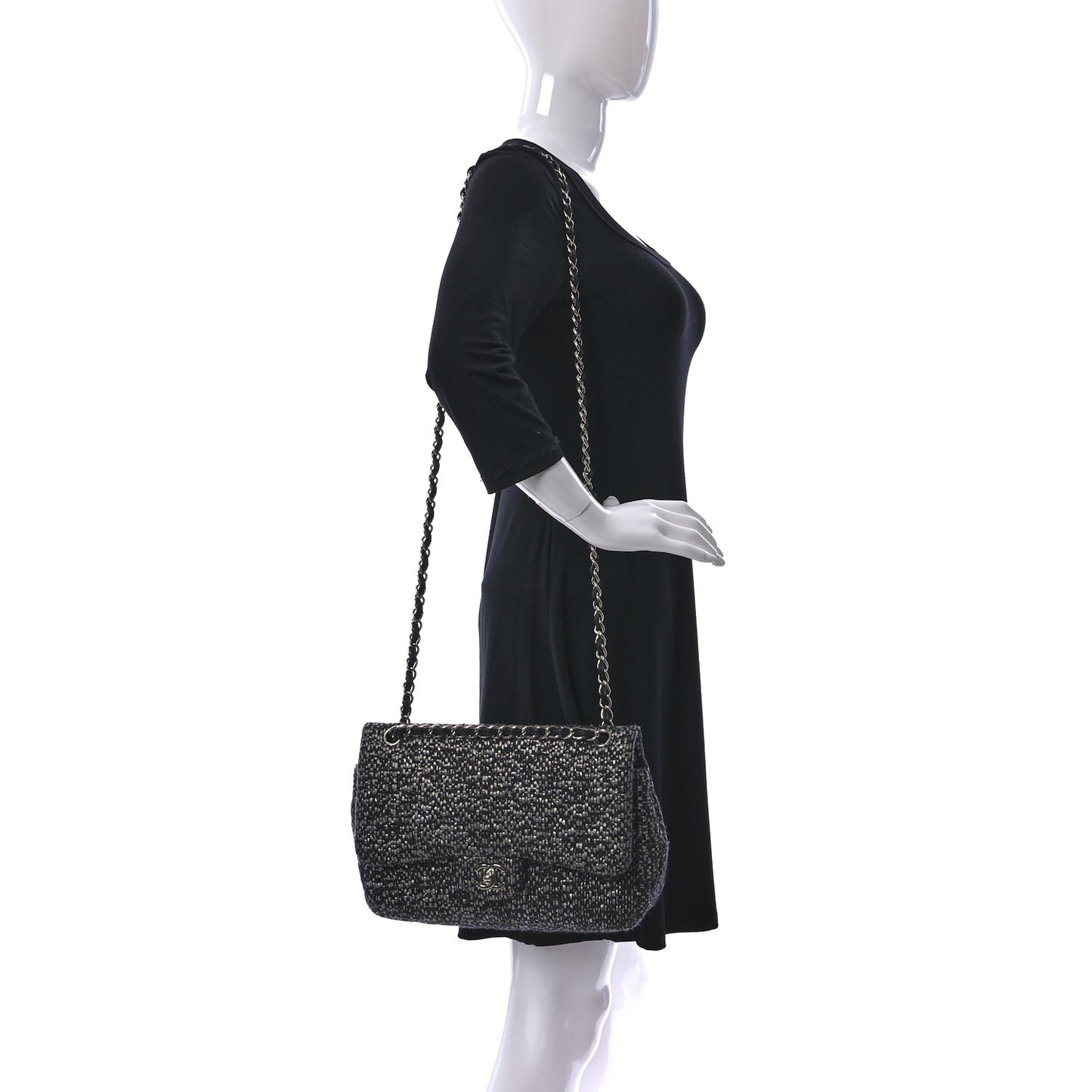 Sequin Tweed Jumbo Double Flap Black Grey