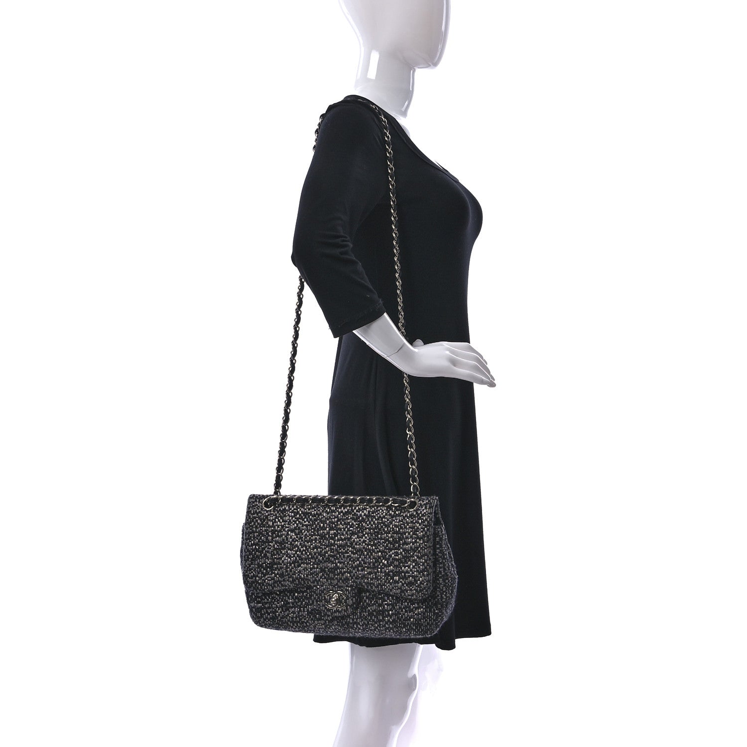 Chanel Sequin Tweed Jumbo Double Flap Black Grey 2 of 12