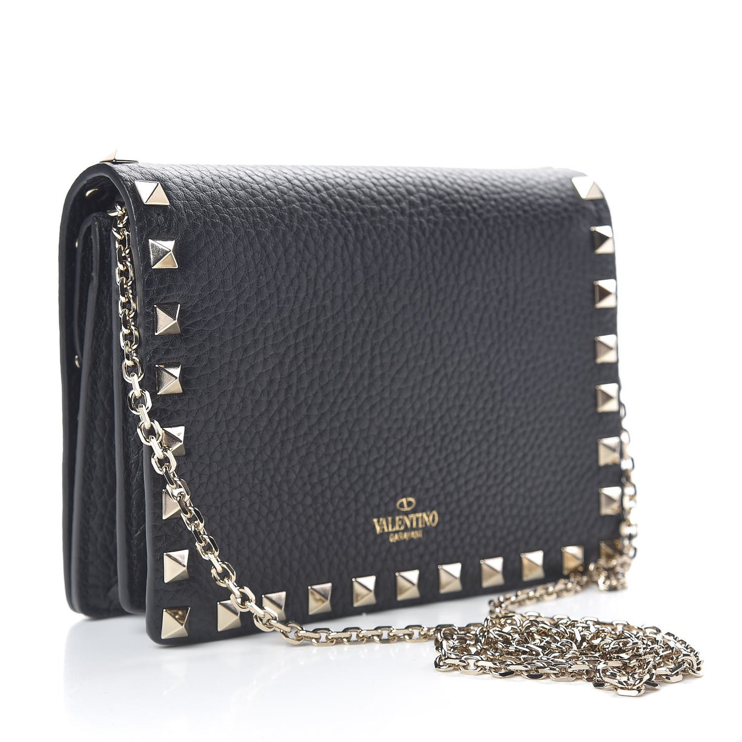 Pebbled Calfskin Rockstud Wallet on Chain Black