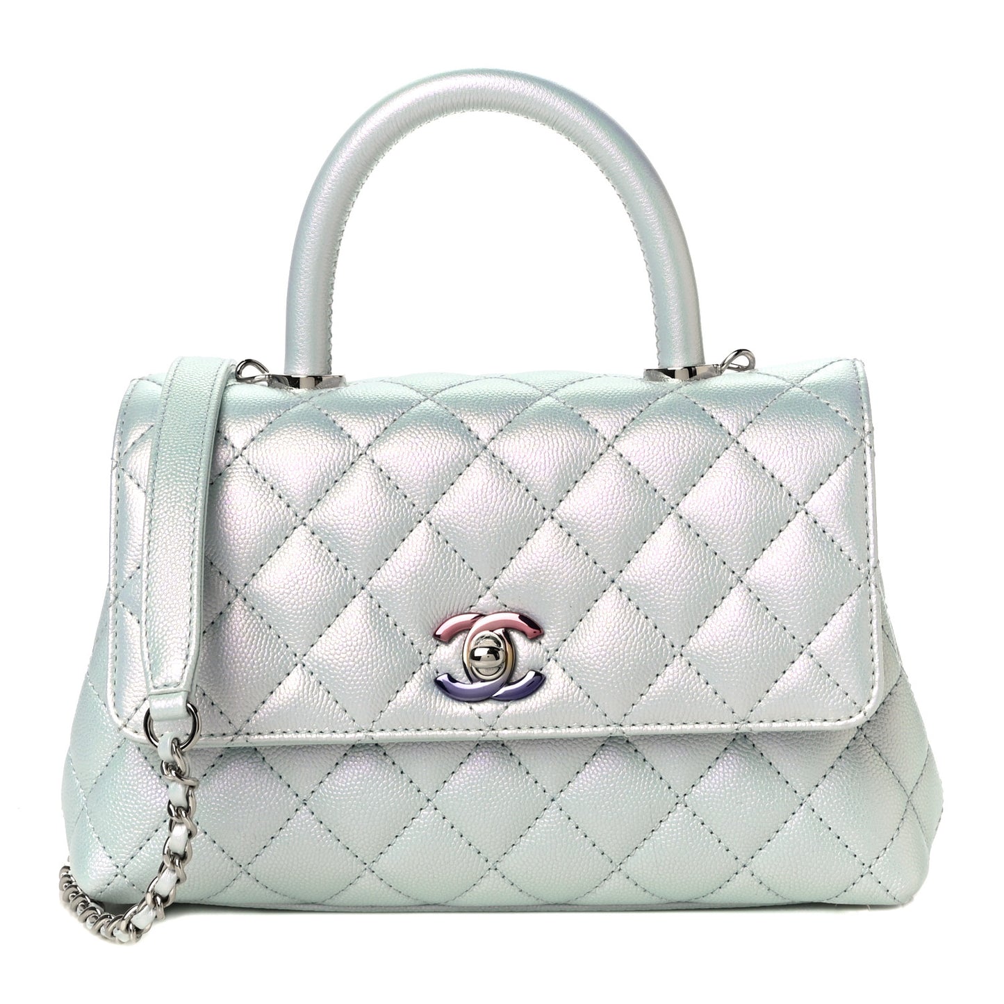 Iridescent Caviar Quilted Mini Coco Handle Flap Light Blue