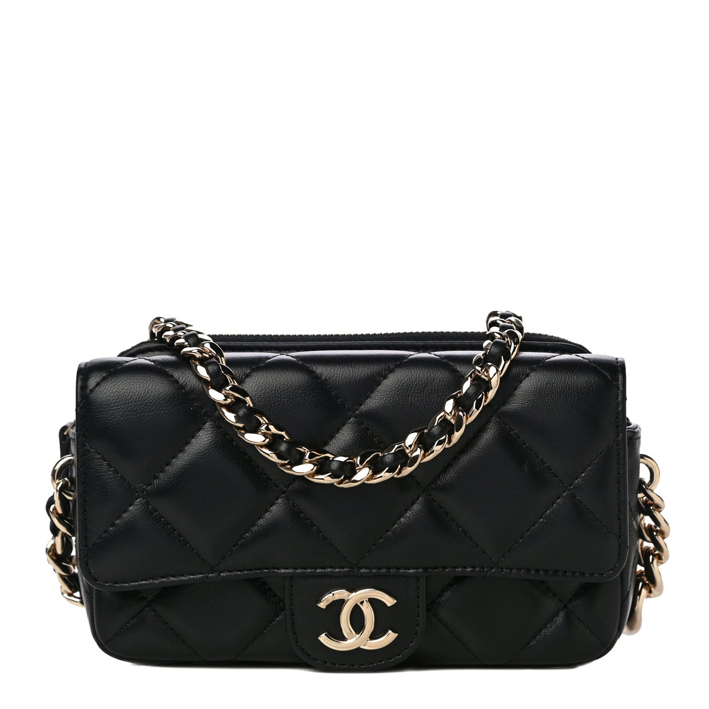 Lambskin Quilted Resin Bi-Color Flap Phone Holder With Chain Black