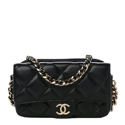 Chanel Lambskin Quilted Resin Bi-Color Flap Phone Holder With Chain Black 1 of 12