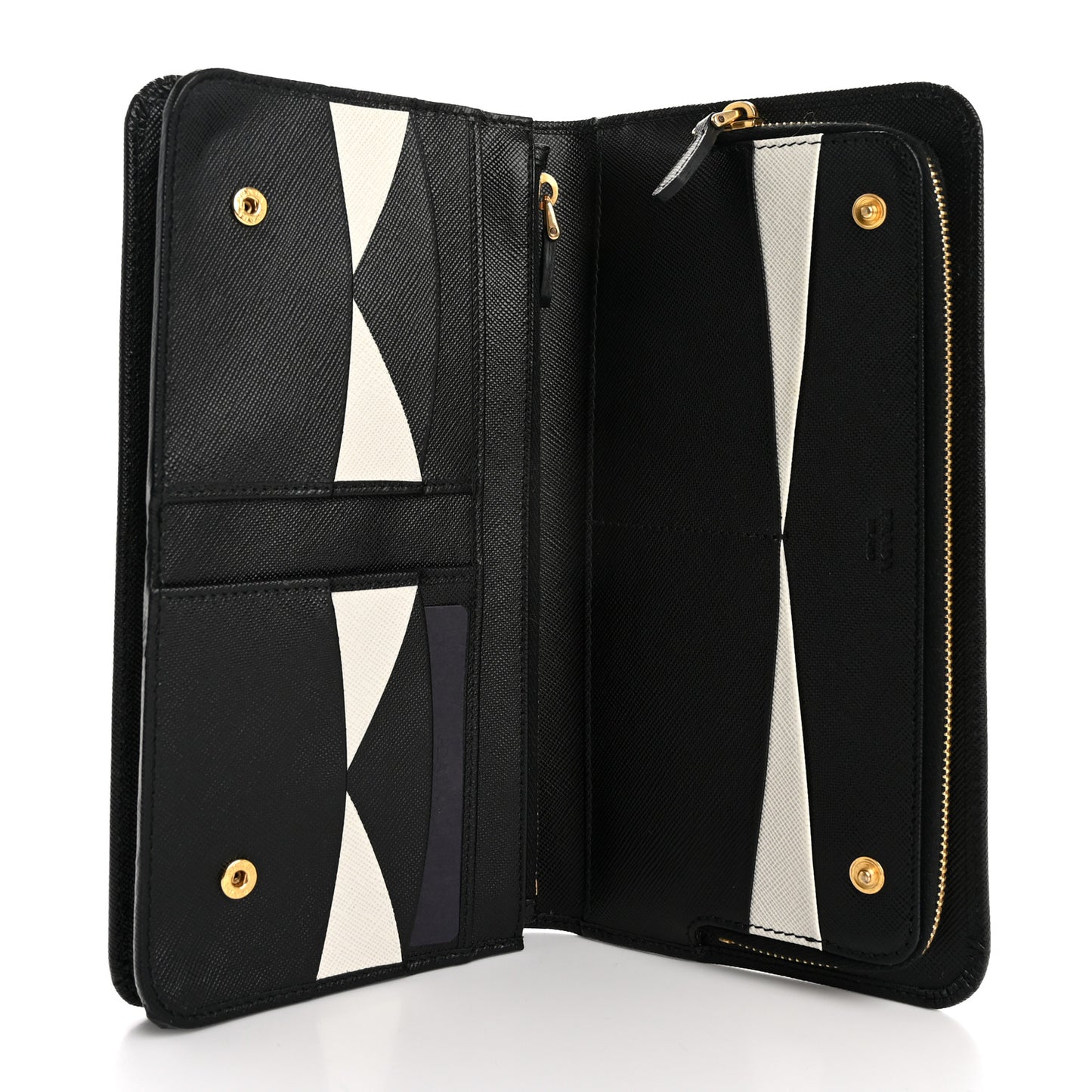 Saffiano Metal Continental Flap Wallet Black White