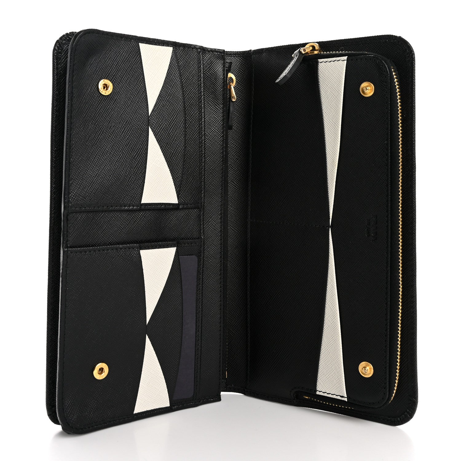 Prada Saffiano Metal Continental Flap Wallet Black White 5 of 9