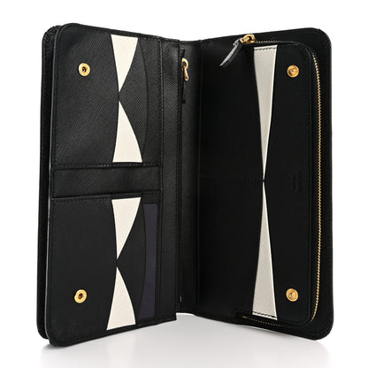 Prada Saffiano Metal Continental Flap Wallet Black White 5 of 9