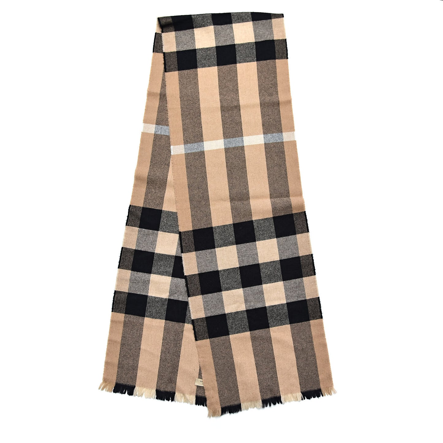 Cashmere Wool Check Amu Lash Fringe Scarf Camel