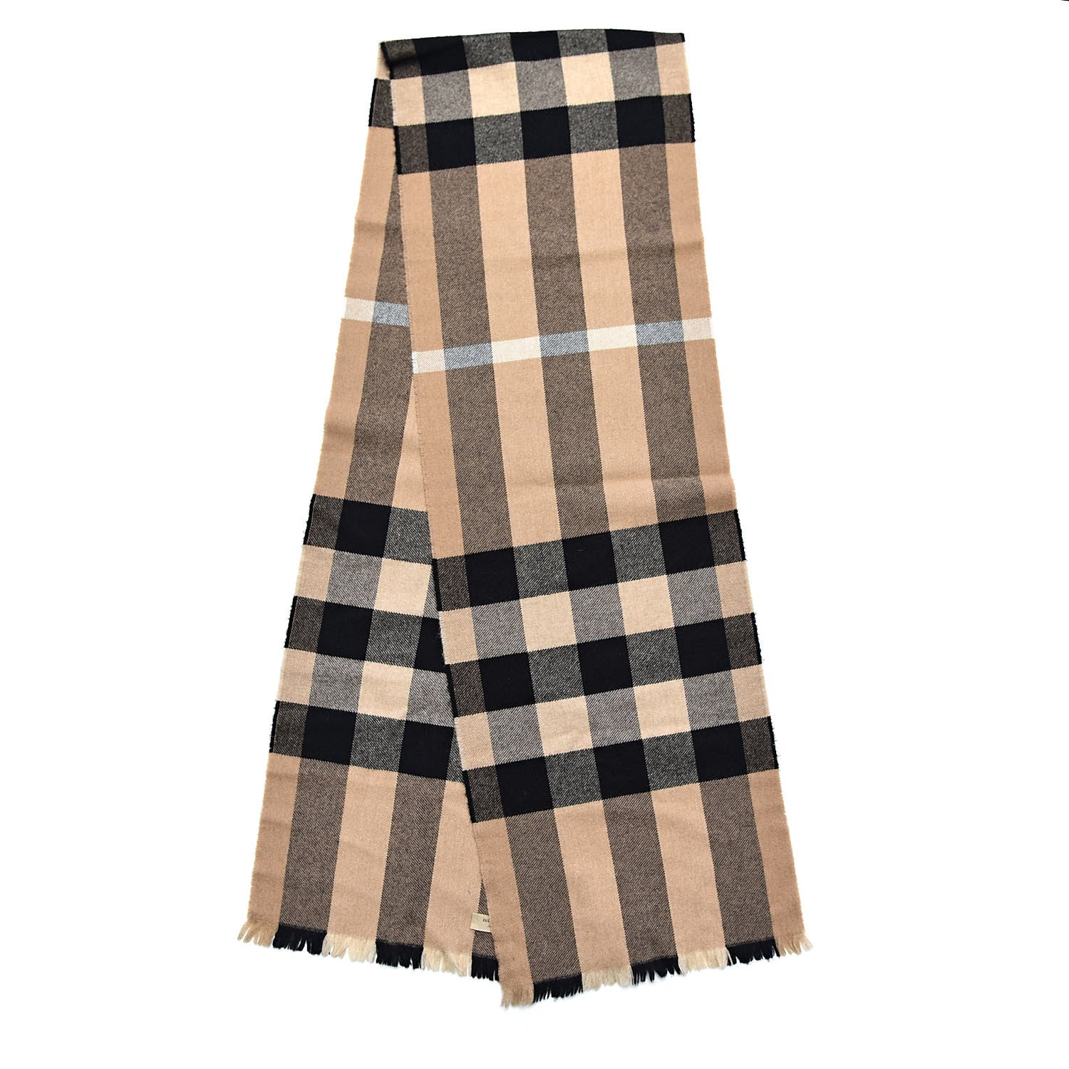 Burberry Cashmere Wool Check Amu Lash Fringe Scarf Camel 3 of 5