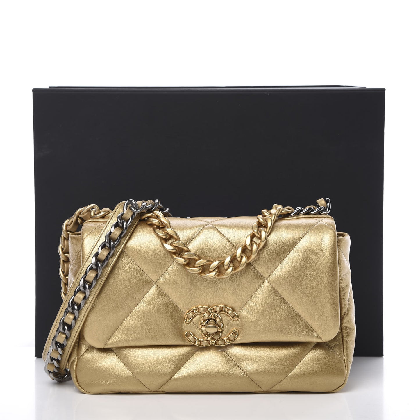 Metallic Goatskin Quilted Medium 19 Flap Gold