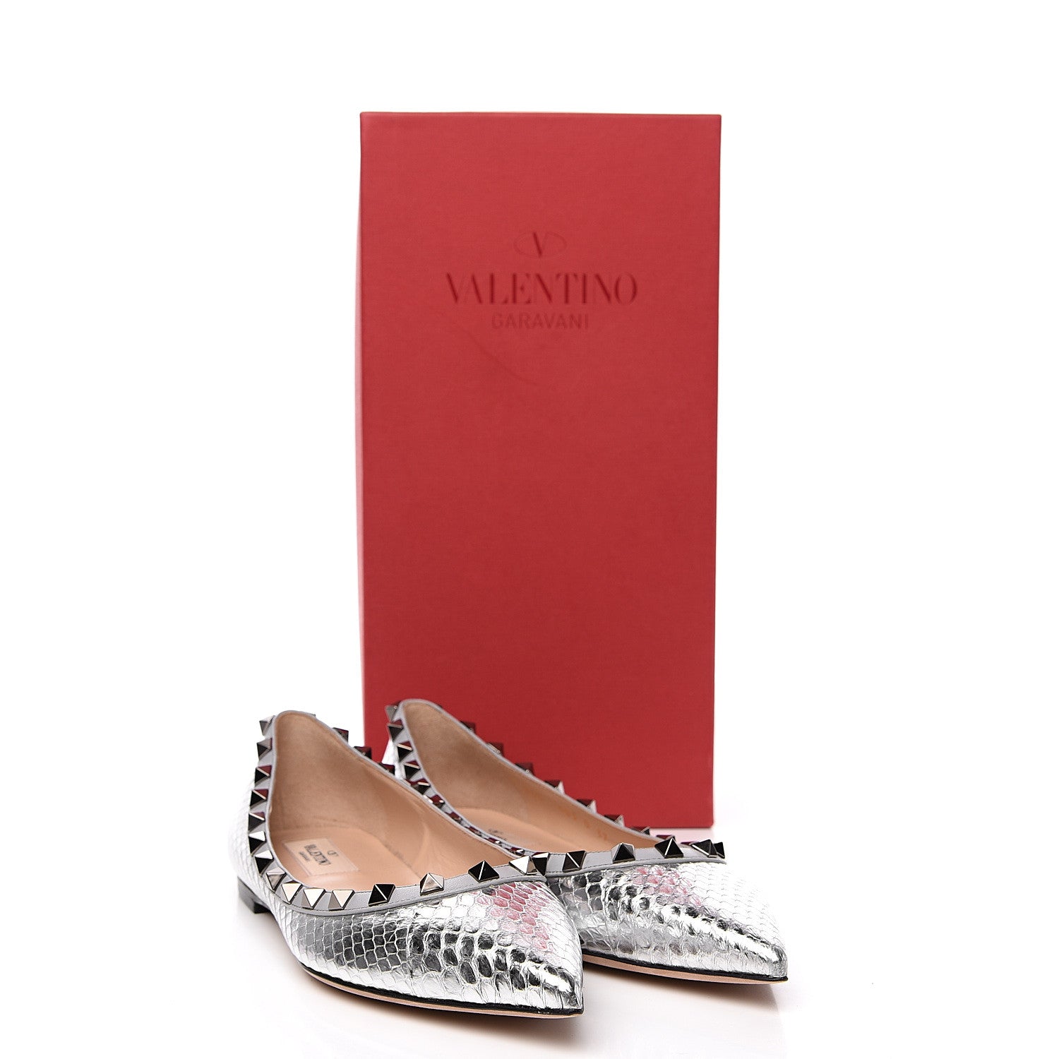 Valentino Garavani Metallic Elaphe Snakeskin Rockstud Ballerina Flats 37 Silver 8 of 8