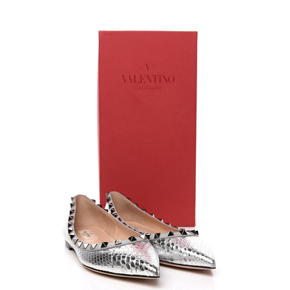 Valentino Garavani Metallic Elaphe Snakeskin Rockstud Ballerina Flats 37 Silver 8 of 8