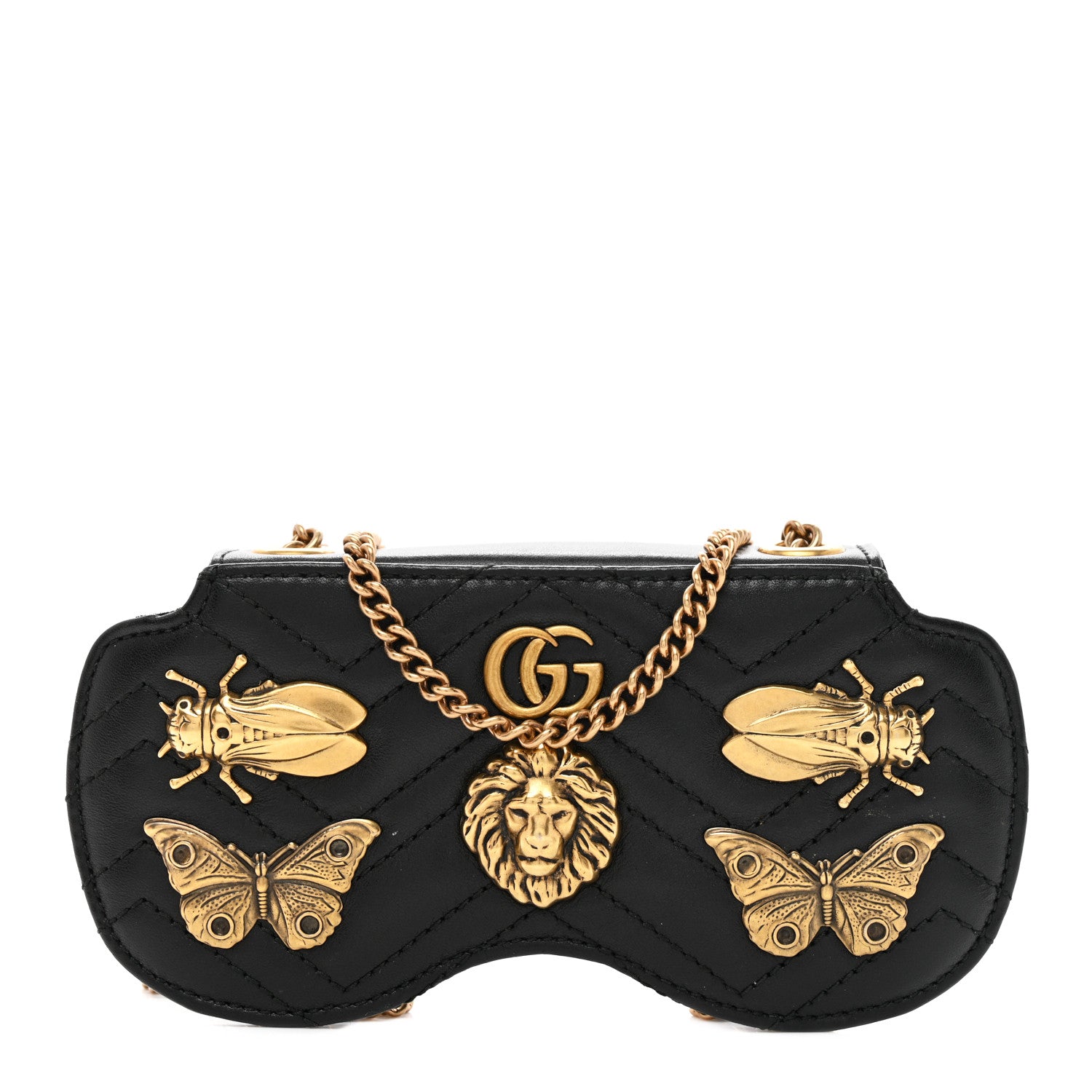 Gucci Calfskin Matelasse Animal Studs GG Marmont Chain Sunglasses Case Black 1 of 7