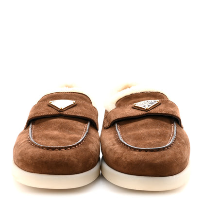 Prada Suede Shearling Triangle Logo Loafer 38.5 Cocoa Brown 3 of 9