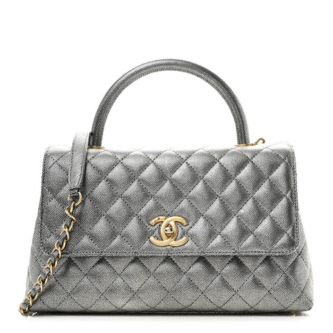 Metallic Caviar Quilted Small Coco Handle Flap Silver