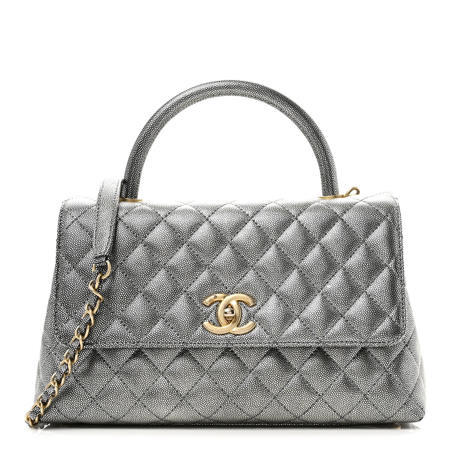 Metallic Caviar Quilted Small Coco Handle Flap Silver