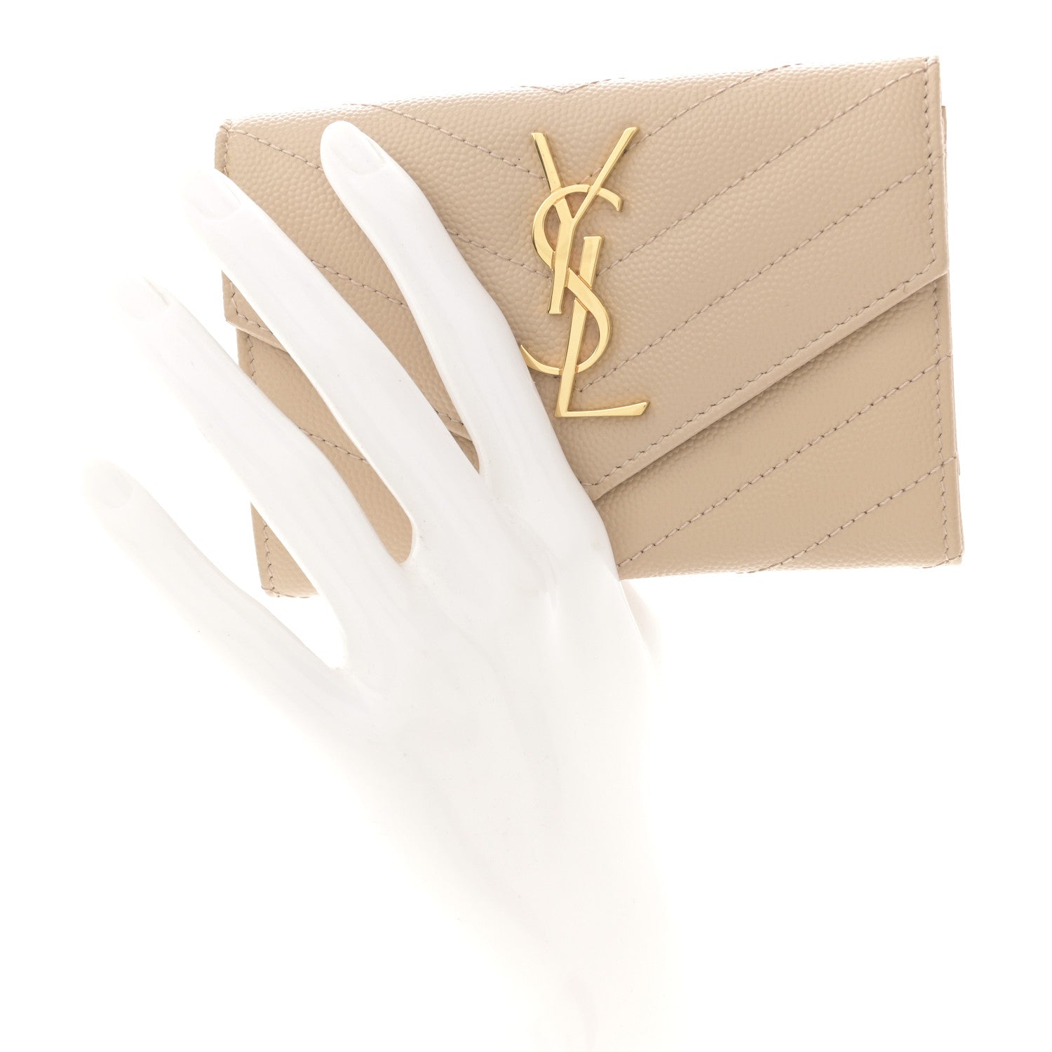 Saint Laurent Grain De Poudre Matelasse Chevron Small Monogram Envelope Wallet Dark Beige 2 of 9